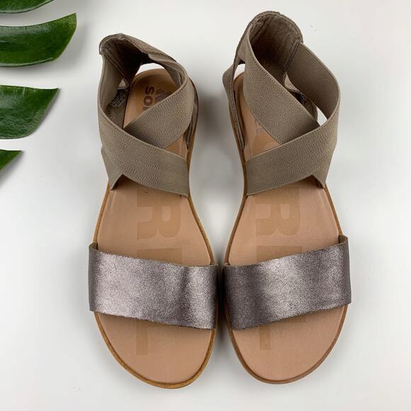 Sorel Ella II Sandals Brown Metallic Grey Strappy Flats Women's 8 - Picture 1 of 9